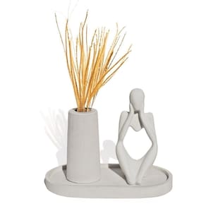 Kit 3 Peças Decoração Estátua Pensadora Garrafa Tubo E Bandeja Cinza