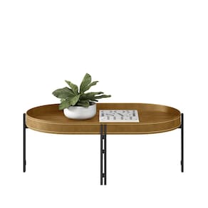 Mesa de Centro 35x93 com Detalhes em Couro Caramelo/Nature Virginia EdeCasaMoveis