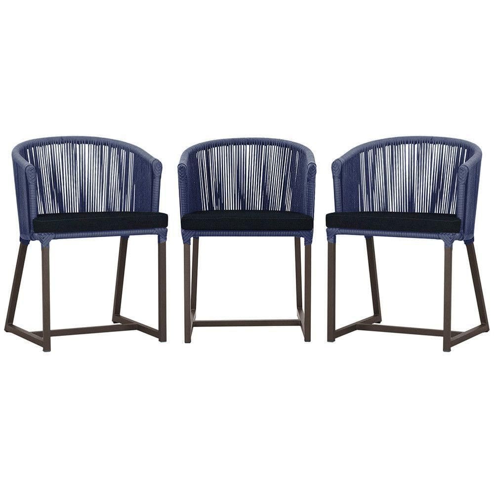 3 Cadeiras De Jantar Noronha Marrom Corda Náutica E12 Trama Azul