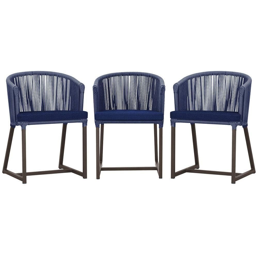 3 Cadeiras De Jantar Noronha Marrom Corda Náutica E10 Trama Azul