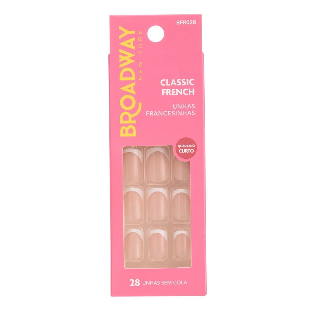 Unhas Postiças Broadway New York Classic French Quadrado Curto Sem Cola Unhas Francesinhas 28 Unidades