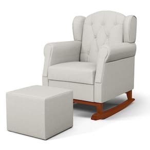 Poltrona Amamentação Base Madeira Balanço E Puff Lucy P04 Linho Off White - Mpozenato