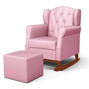 Poltrona Amamentação Base Madeira Balanço E Puff Letícia Sintético Rosa - Phoenix