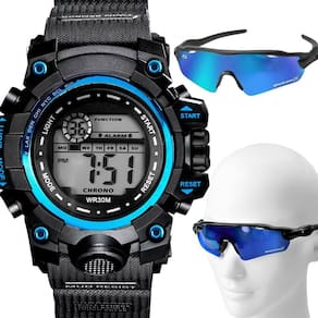 Relogio Prova Dagua Masculino Digital + Oculos Proteção Uv Resistente Azul Acetato Presente Data