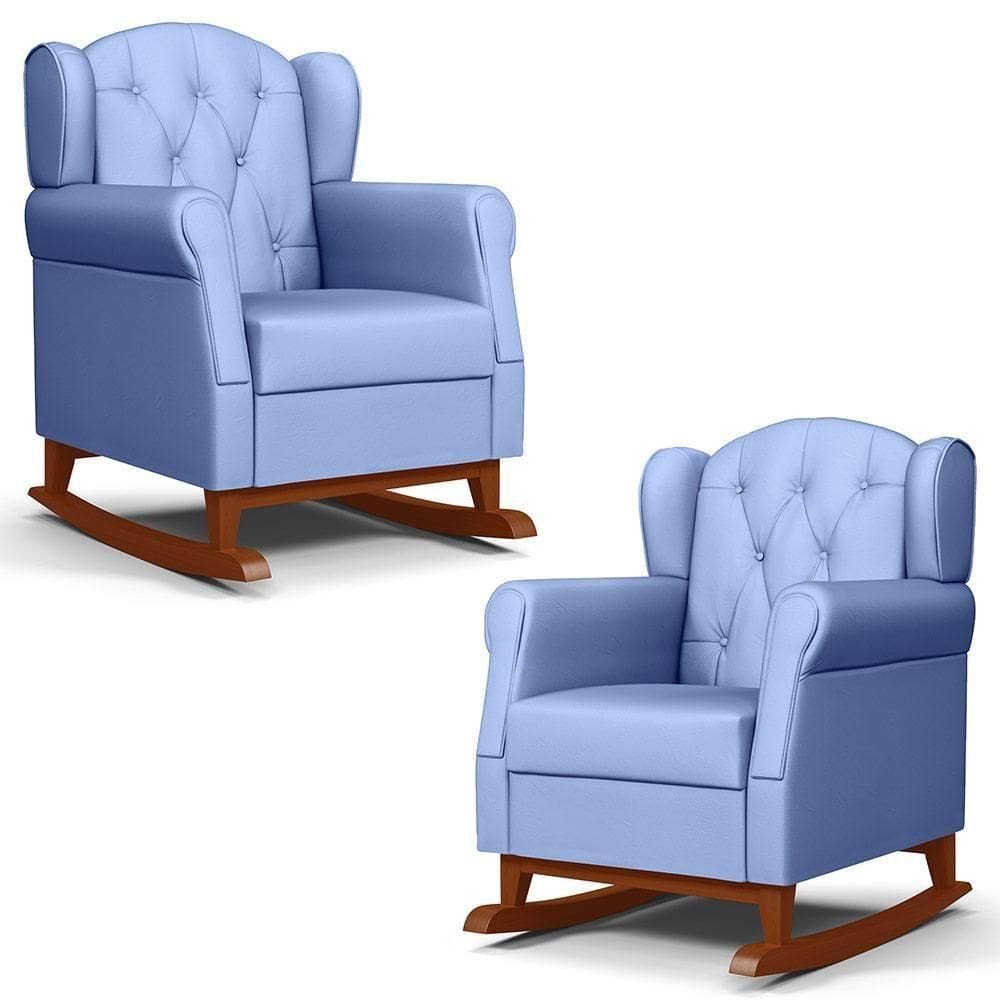 Kit 02 Poltronas Amamentação Base Madeira Balanço Lucy P04 Sintético Azul - Mpozenato