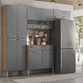 Armário de Cozinha Compacta Nala 8 Portas, 2 Gavetas e Balcão com Tampo em MDP Freijó/Gris- Kits Paraná