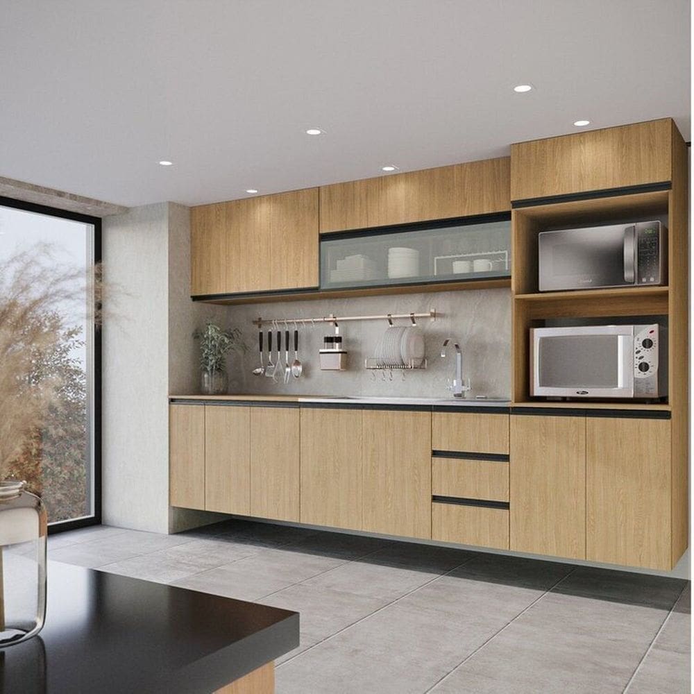 Cozinha Modulada 8 peças 4 Aéreos 3 Balcões 1 Torre Quente Nara Cabecasa MadeiraMadeira Avena/Cinza Claro