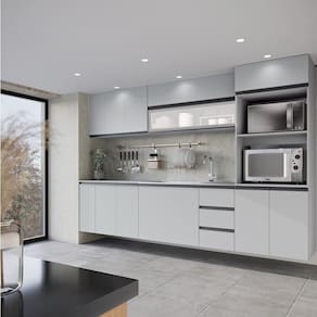Cozinha Modulada 8 Peças 4 Aéreos 3 Balcões 1 Torre Quente Nara Cabecasa Madeiramadeira Cinza Claro