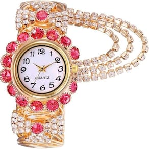 Relógio Feminino Dourado Com Strass Vermelho Quartz