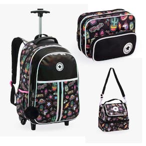 Kit Mochila Rodinhas Juvenil Escolar Lancheira E Estojo Love
