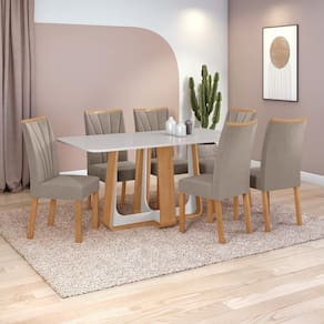 Conjunto Sala de Jantar Mesa Easy Pop 170x90cm Tampo Vidro/MDF com 6 Cadeiras Confort Suede Animale Bege Amendoa Clean/off White