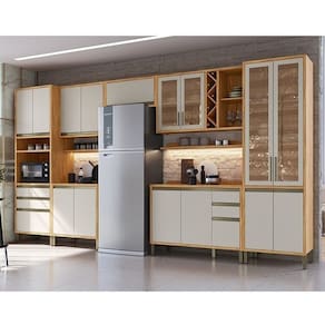 Cozinha Modulada Completa 7 Peças 16 Portas com Vidro e Tampo 100% Mdf Barbados Espresso Móveis Amêndoa/Off White