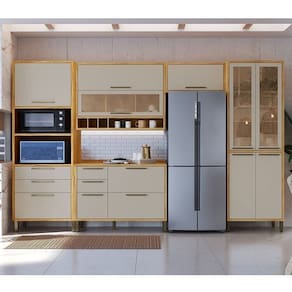 Cozinha Modulada Completa 5 Peças 11 Portas e Vidro Reflecta 349cm 100% Mdf Vicenza Espresso Móveis Amêndoa/Off White