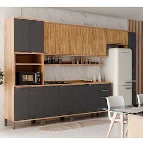 Cozinha Modulada Completa 7 Peças 16 Portas com Tampo 385cm 100% Mdf Noruega Espresso Móveis Amêndoa/Cinza
