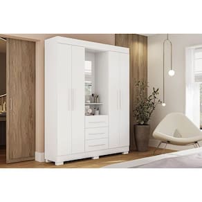 Guarda Roupa Solteiro 4 Portas e 3 Gavetas c/ 1 Espelho Emily Gold Branco - ACP
