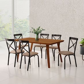 Mesa Sala de Jantar em Madeira Maciça Millena 160x80 com 6 Cadeiras Karen Preta - Castanho