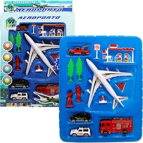 Kit Brinquedo Aeroporto Com 13 Peças Avião Helicóptero Carrinho