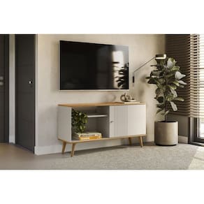 Rack Bancada p/ TV até 50 Pol Rubi c/ 1 Porta 1 Prateleira e 1 Nicho 120cm Nature/Off White - Linea Brasil