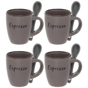 Jogo Caneca Xícara com Colher de Cerâmica Rustic Marrom 4 peças 100mL - Hauskraft