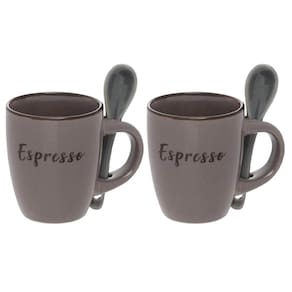 Jogo de Caneca Xícara com Colher de Cerâmica Rustic Marrom 2 peças 100mL - Hauskraft