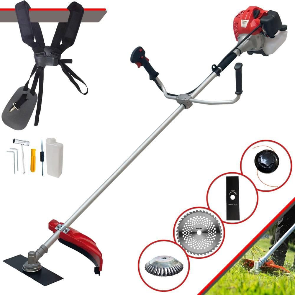 Roçadeira À Gasolina Anmax CG520-P TB 52cc 2,2HP Alta Performance Com 4 Opções de Corte Com Carretel + Faca 2 Pontas + Faca 40 Dentes + Escova de Aço