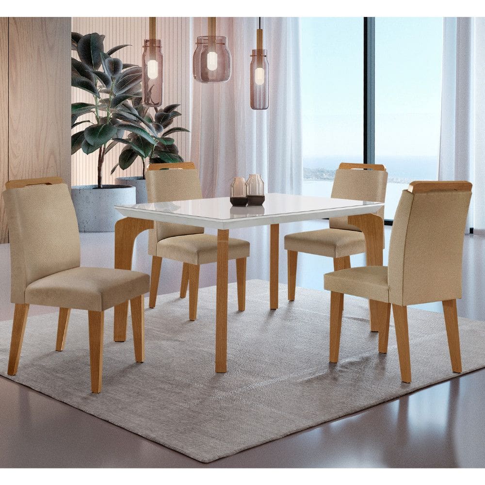 Conjunto Sala de Jantar Mesa Liz 120cm com Vidro Canto Reto e 4 Cadeiras Athenas Moderna