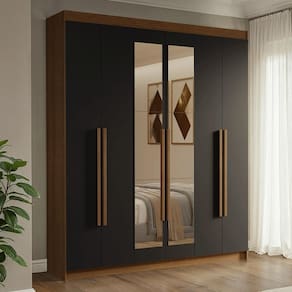 Guarda-Roupa Casal 6 Portas Batentes com Espelho Rustic/Preto/Rustic Venus Madesa
