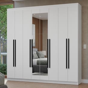 Guarda-Roupa Casal 8 Portas Batentes com Espelho Branco/Branco/Preto Netuno Madesa
