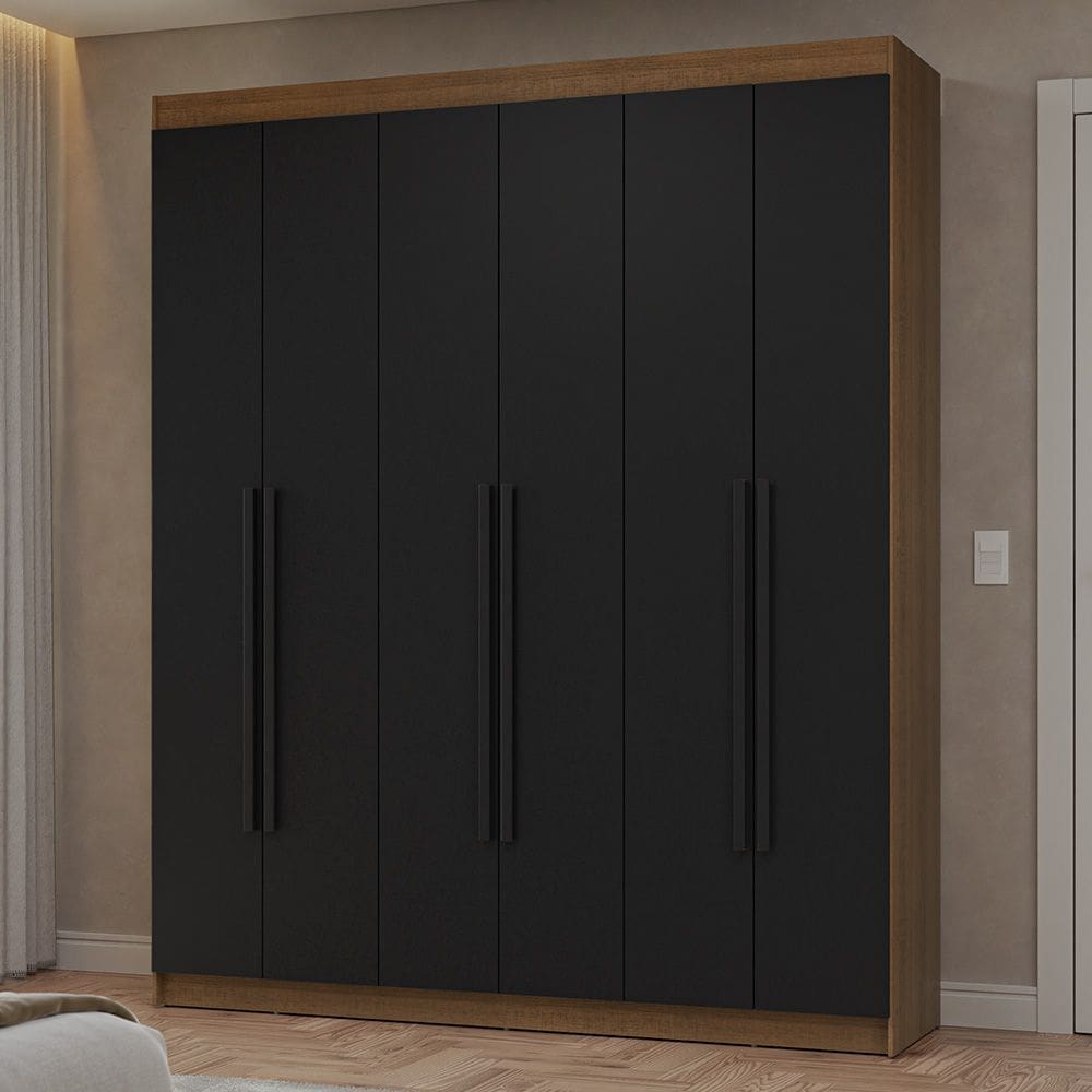 Guarda-Roupa Casal 6 Portas Batentes Rustic/Preto/Preto Netuno Madesa