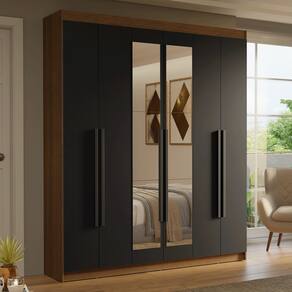 Guarda-Roupa Casal 6 Portas Batentes com Espelho Rustic/Preto/Preto Saturno Madesa
