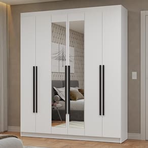 Guarda-Roupa Casal 6 Portas Batentes com Espelho Branco/Branco/Preto Netuno Madesa