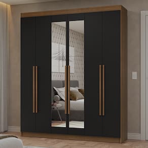 Guarda-Roupa Casal 6 Portas Batentes com Espelho Rustic/Preto/Rustic Netuno Madesa