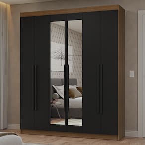 Guarda-Roupa Casal 6 Portas Batentes com Espelho Rustic/Preto/Preto Netuno Madesa
