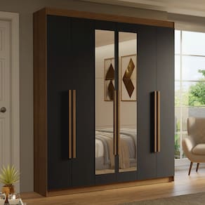 Guarda-Roupa Casal 6 Portas Batentes com Espelho Rustic/Preto/Rustic Saturno Madesa