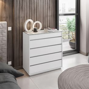 Cômoda Belize Versátile Com 5 Gavetas E Organizador Tampo De Vidro 90cm Branco