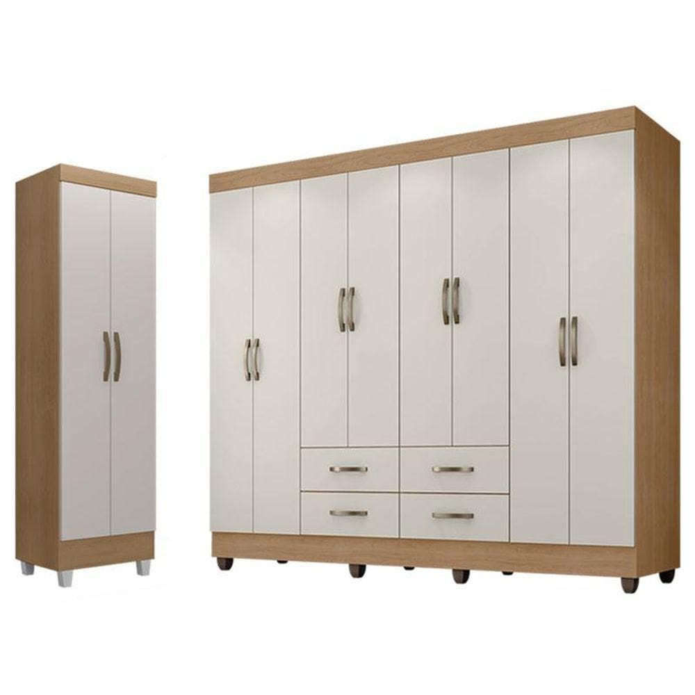 Guarda Roupa Casal Porto E Armário Multiuso Lite Natuire Off White Leão