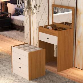 Penteadeira Cômoda Gaveteiro Com Banqueta Embutido Mdf Espelho Basculante Nature/off White