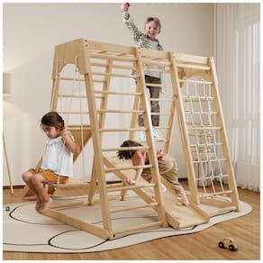 Playground Indoor LunaQuest: Jungle Gym Montessori para Crianças de 1 a 8 Anos - Conjunto 8 em 1 com Balanço, Escorregador, Parede de