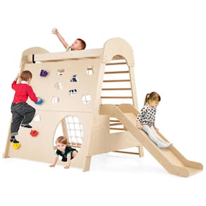 Costzon Indoor Jungle Gym: Playground de Madeira Natural para Crianças de 3 Anos - Escorregador, Escada, Rede de Escalada, Balanço e Mais