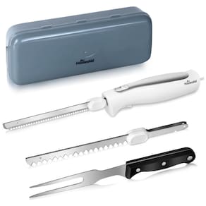 Conjunto de Facas Elétricas HousesAid com Duas Lâminas de Aço Inoxidável Serrilhadas, Garfo de Carne, Cabo Antiderrapante, Trava de