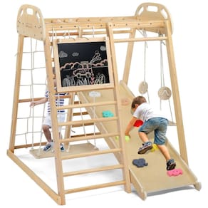 JOYMOR 8 em 1 Jungle Gym Interno para Crianças e Bebês com Ponte Suspensa e Balanço, Playground Interno de Madeira com Escorregador, Quadro