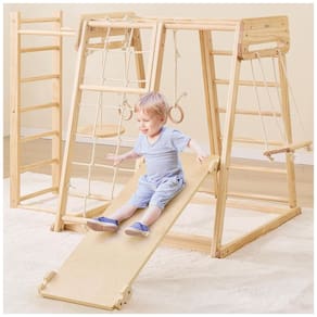 Playground Indoor 8 em 1 para Crianças, Ginásio de Madeira com Escorregador, Balanço e Rede de Escalada para Diversão Infinita,Belleur