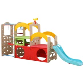 UNICOO Parque Infantil 10 em 1, Playset de Ginásio Indoor com Escorregador, Parede de Escalada, Escada, Balanço, Basquete, Argolas