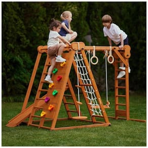 Avenlur Chestnut: Jungle Gym Indoor e Outdoor 7 em 1 Dobrável para Crianças - Escorregador, Parede de Escalada, Barra de Macaco, Balanço