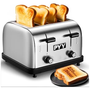 Torradeira PYY Comercial 4 Fatias 225 Fatias por Hora 1800W Slots Largos de 4 cm Aço Inoxidável 6 Níveis de Ajuste com Bandeja de Migalhas