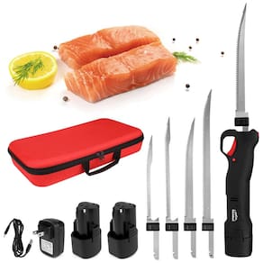Faca Elétrica sem Fio para Filé de Peixe - Conjunto com 4 Lâminas de Aço Inoxidável, Sistema de Trava de Segurança e Bateria de Longa