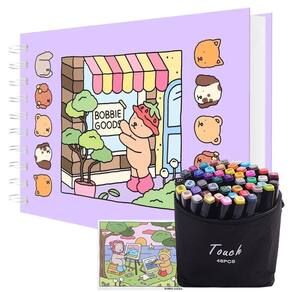 Livrinho de Pintar Canetinha 48 Cores Ponta Dupla Livro de Colorir Caneta Estojo Bolsa Desenho Pintura Arte Lazer