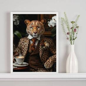 Quadro Onça Elegante Tomando Café 45X34Cm - Com Vidro