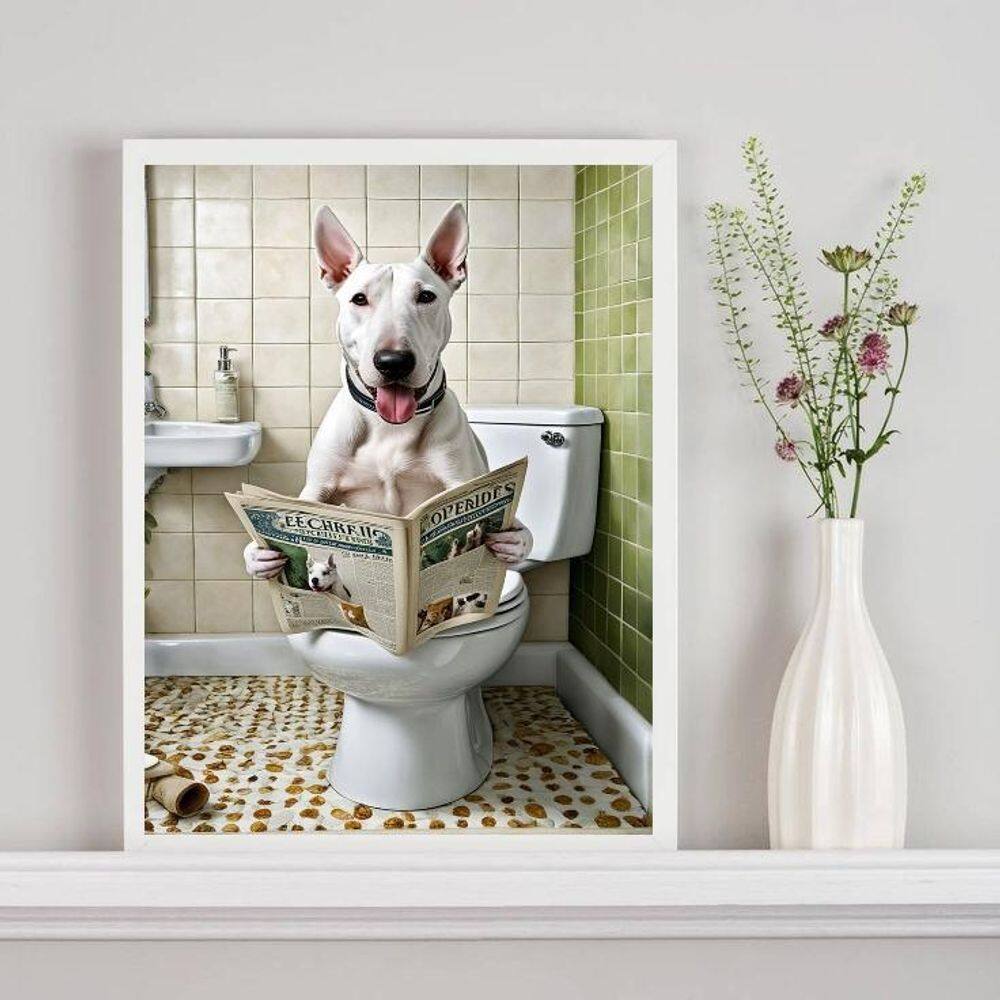 Quadro Divertido De Banheiro - Bull Terrier Jornal 24X18Cm