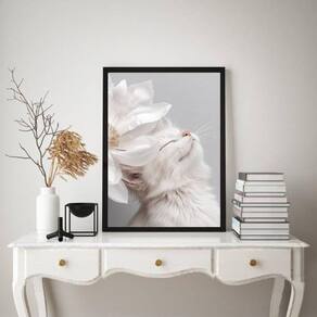 Quadro Decorativo Gatinho Branco Flor Branca 45X34Cm